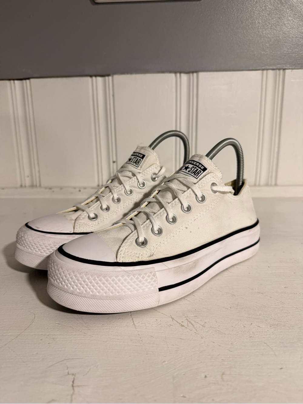Converse White Low Top Sneakers with Black Stripe